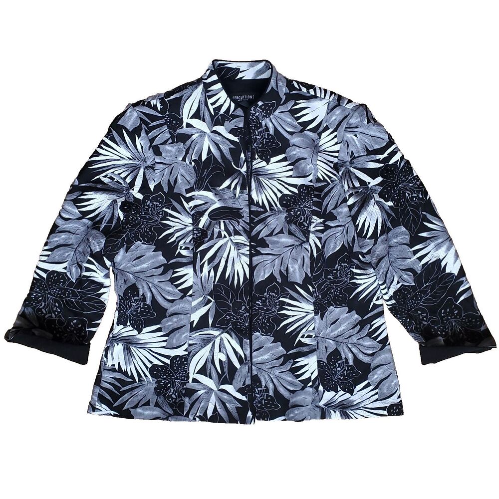 Vintage Perceptions NY Blazer Sz 18 Black White Tropical Leaves Open Front Bold